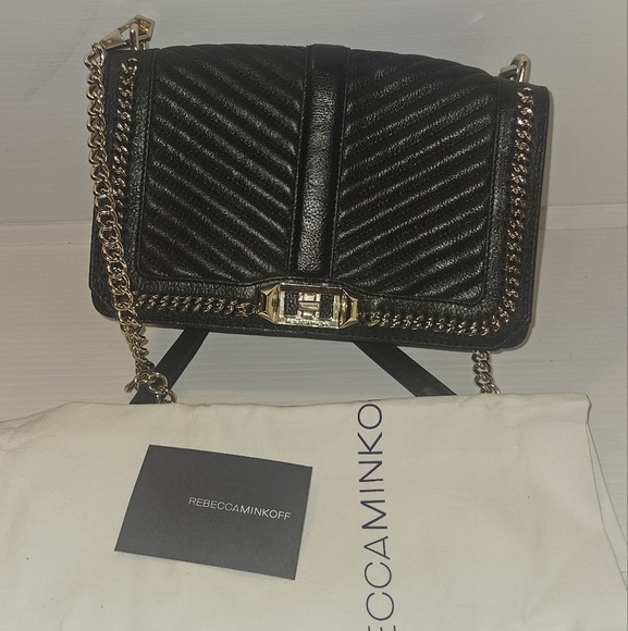 Rebecca Minkoff Love Crossbody Bag Black Chevron Quilted Leather with Gold Chain - Picture 1 of 16